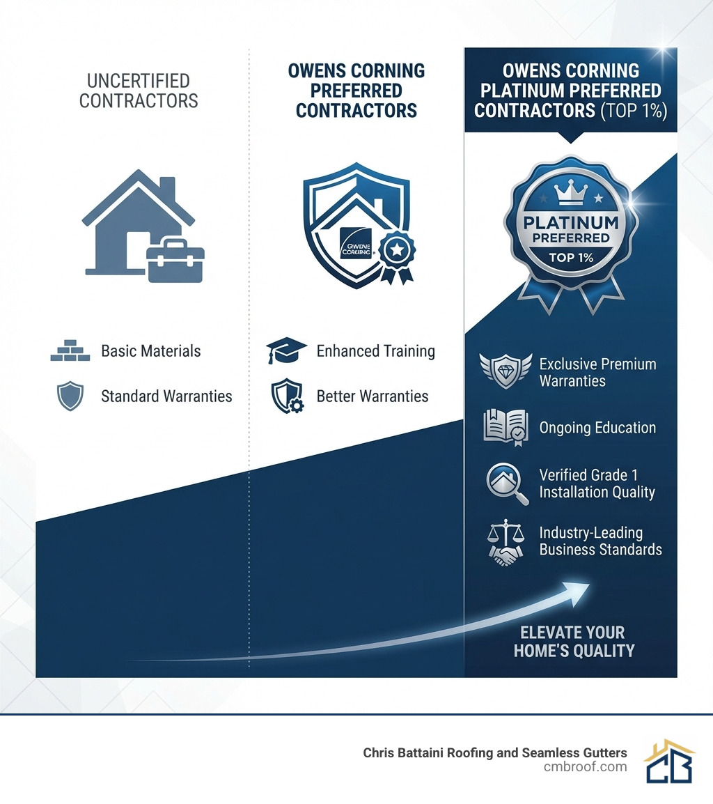 Infographic showing three contractor tiers: Uncertified contractors with basic materials and standard warranties; Owens Corning Preferred Contractors with enhanced training and better warranties; and Owens Corning Platinum Preferred Contractors (top 1%) with exclusive access to premium warranties, ongoing education, verified Grade 1 installation quality, and industry-leading business standards - owens corning certified infographic 