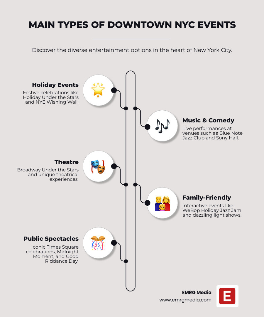 Infographic showing the main types of Downtown NYC events: Holiday Events (Holiday Under the Stars, NYE Wishing Wall, Christmas concerts), Music & Comedy (Blue Note Jazz Club, New York Comedy Club, Sony Hall performances), Theatre (Broadway Under the Stars, Taylor Mac's Holiday Sauce), Family-Friendly (WeBop Holiday Jazz Jam, light shows), and Public Spectacles (Times Square celebrations, Midnight Moment, Good Riddance Day) - downtown NYC events infographic infographic-line-5-steps-elegant_beige Infographic showing the main types of Downtown NYC events: Holiday Events (Holiday Under the Stars, NYE Wishing Wall, Christmas concerts), Music & Comedy (Blue Note Jazz Club, New York Comedy Club, Sony Hall performances), Theatre (Broadway Under the Stars, Taylor Mac's Holiday Sauce), Family-Friendly (WeBop Holiday Jazz Jam, light shows), and Public Spectacles (Times Square celebrations, Midnight Moment, Good Riddance Day) - downtown NYC events infographic infographic-line-5-steps-elegant_beige