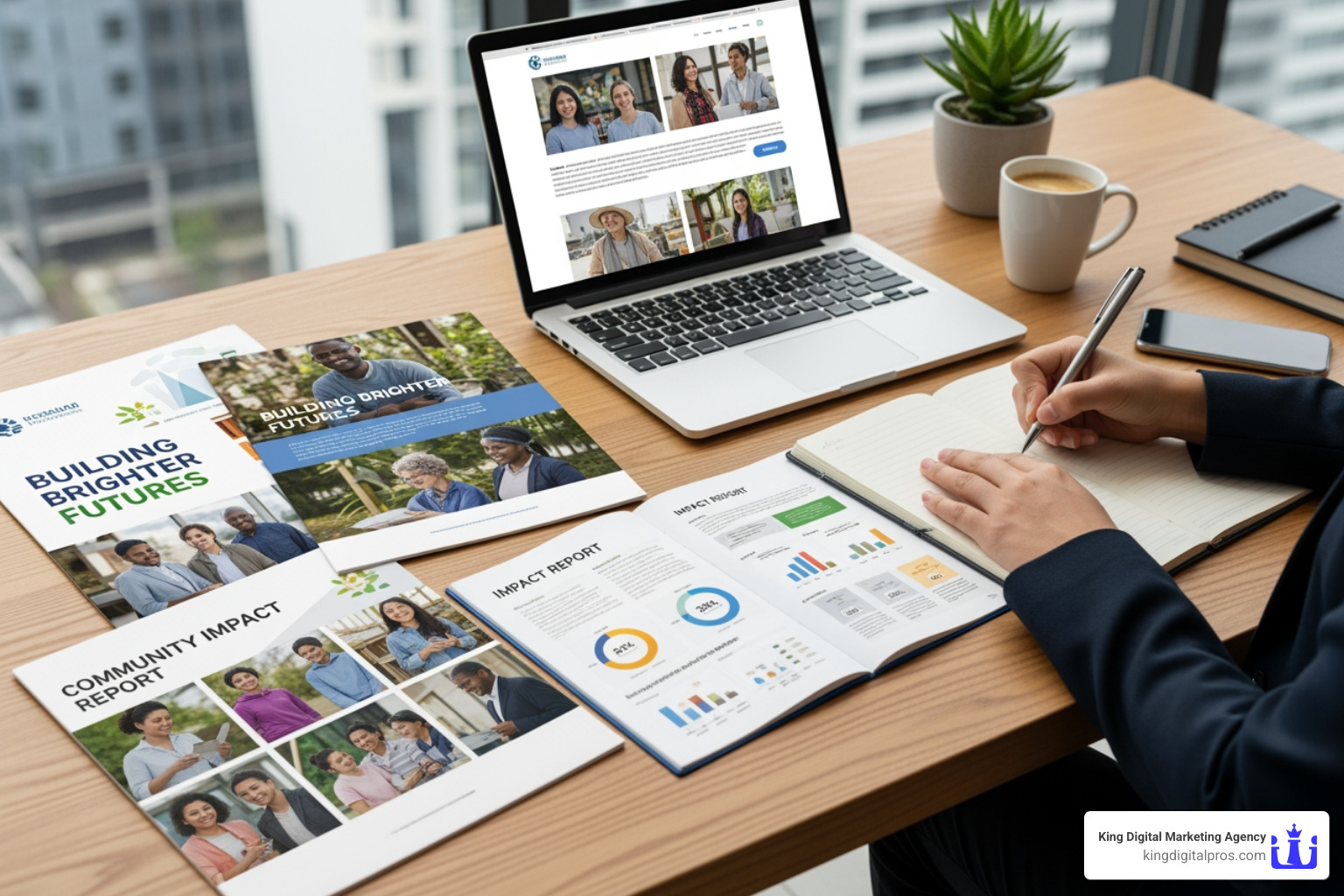 A Writer At A Desk Surrounded By Nonprofit-Themed Materials (Brochures, Website Mockups) - Content Writing For Nonprofits