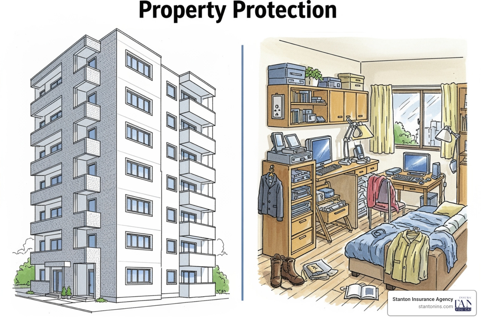Diagram illustrating the difference between landlord's insurance (covering building structure) and tenant insurance (covering personal belongings and liability). - Cheap Tenant Insurance