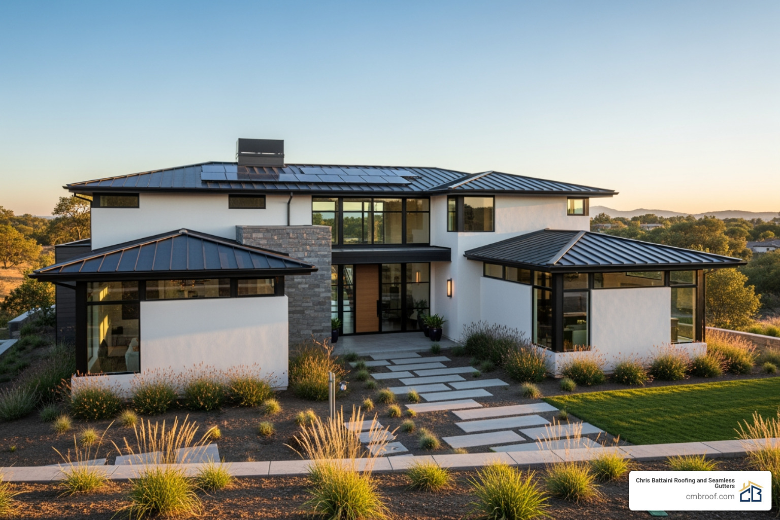 sleek, energy-efficient home featuring black aluminum roof panels - aluminum metal roofing