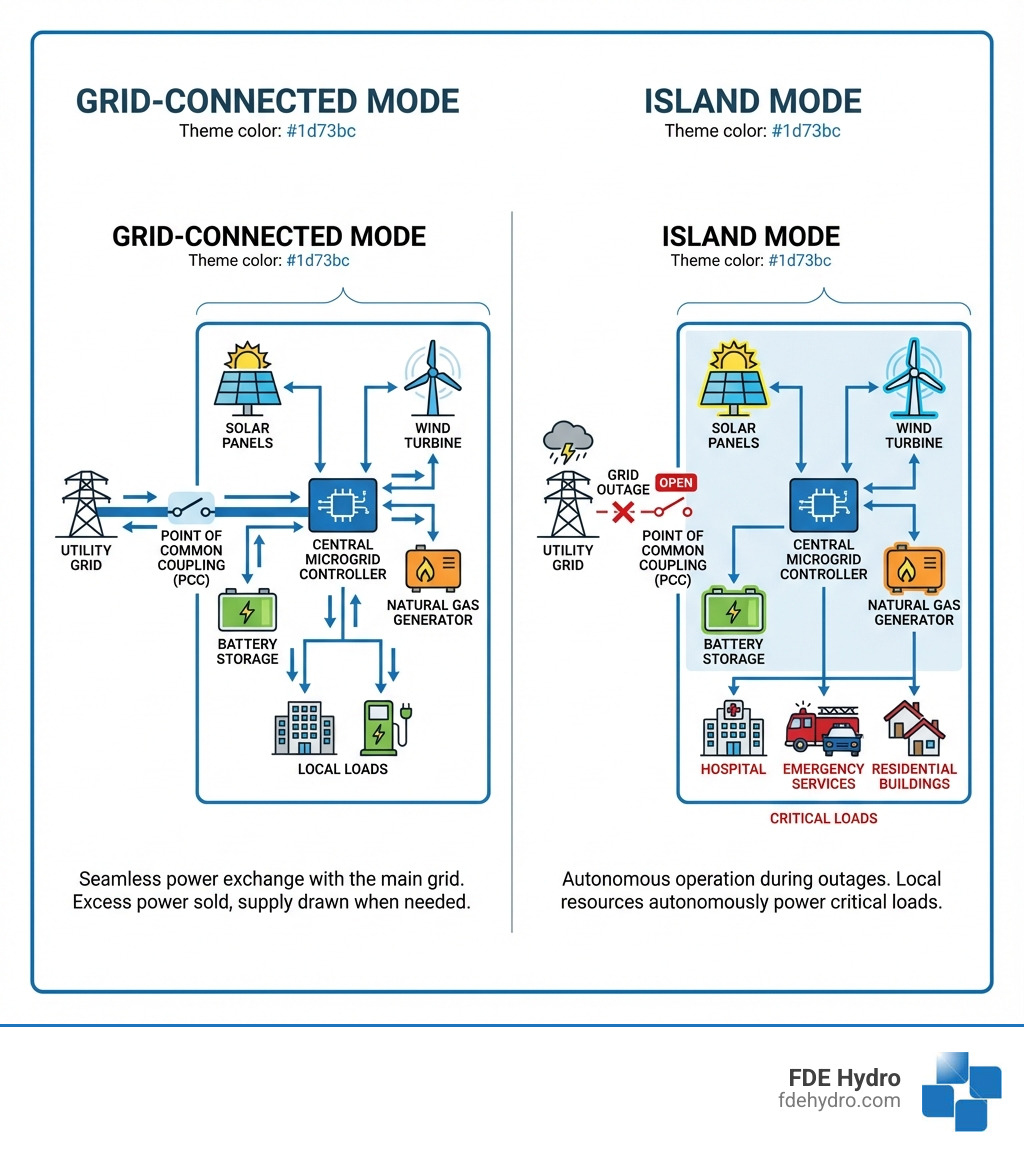 Detailed infographic showing a microgrid's dual operating modes: on the left, grid-connected mode with bidirectional power flow between the utility grid and local distributed energy resources including solar panels, wind turbines, battery storage, and a natural gas generator, all managed by a central controller; on the right, island mode showing the microgrid disconnected at the point of common coupling during a grid outage, with the same local resources autonomously powering critical loads like hospitals, emergency services, and residential buildings - what is a microgrid and how does it work infographic 