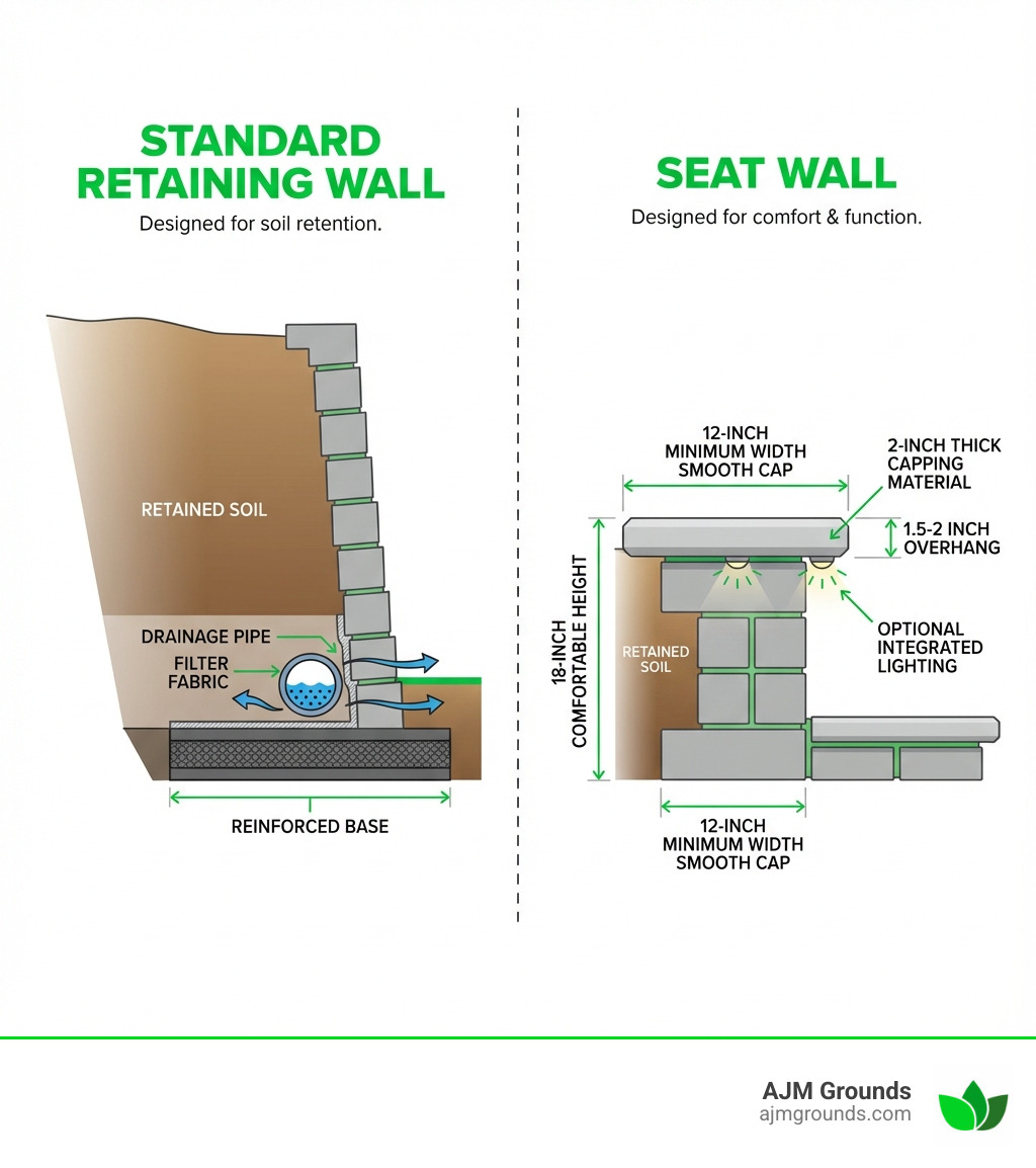 Infographic showing comparison between standard retaining wall cross-section designed for soil retention with reinforced base and drainage versus seat wall cross-section featuring comfortable 18-inch height, 12-inch minimum width smooth cap, 2-inch thick capping material with 1.5-2 inch overhang, and optional lighting integration - Retaining walls with seating infographic Infographic showing comparison between standard retaining wall cross-section designed for soil retention with reinforced base and drainage versus seat wall cross-section featuring comfortable 18-inch height, 12-inch minimum width smooth cap, 2-inch thick capping material with 1.5-2 inch overhang, and optional lighting integration - Retaining walls with seating infographic