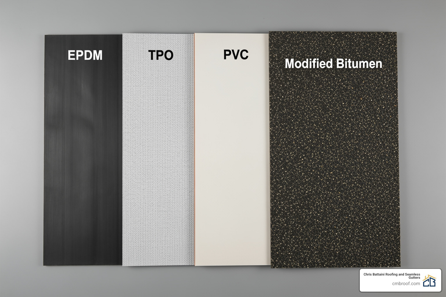 Different flat roofing material samples side-by-side - flat roof builders near me Different flat roofing material samples side-by-side - flat roof builders near me