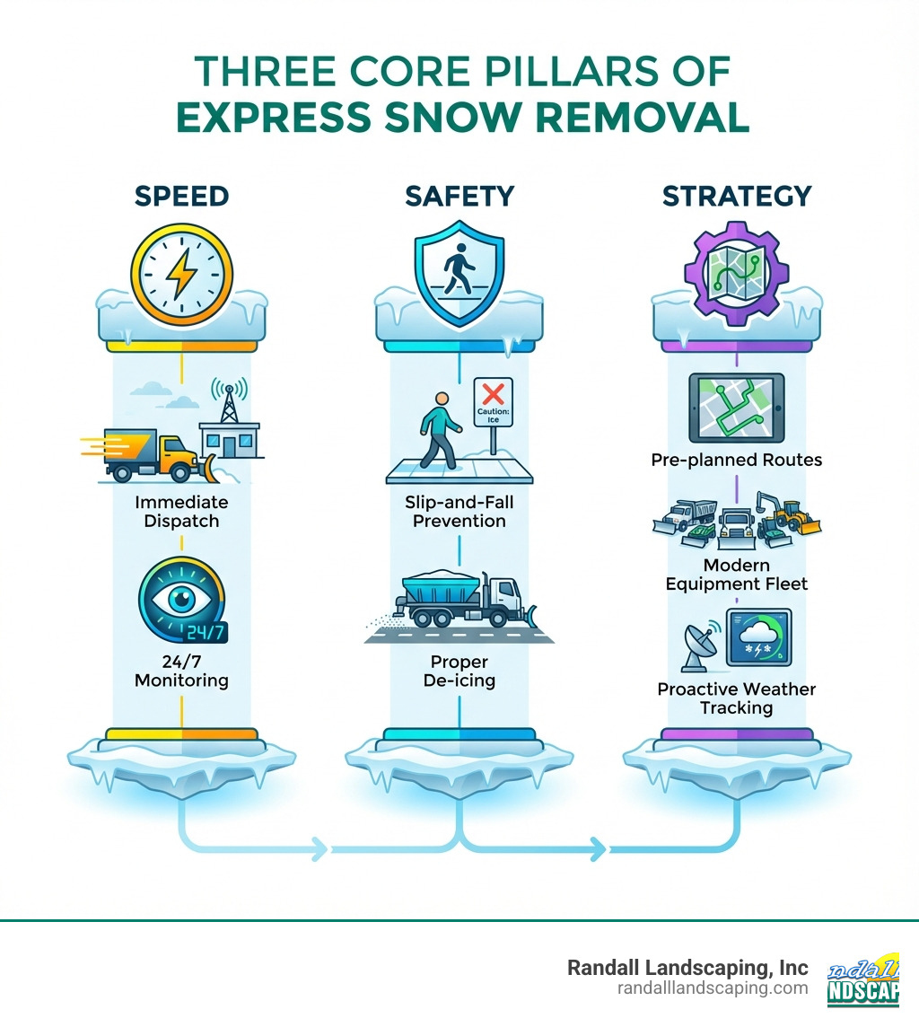 Infographic showing the three core pillars of express snow removal services: Speed pillar featuring immediate dispatch and 24/7 monitoring, Safety pillar highlighting slip-and-fall prevention and proper de-icing, and Strategy pillar displaying pre-planned routes, modern equipment fleet, and proactive weather tracking - express snow removal infographic 