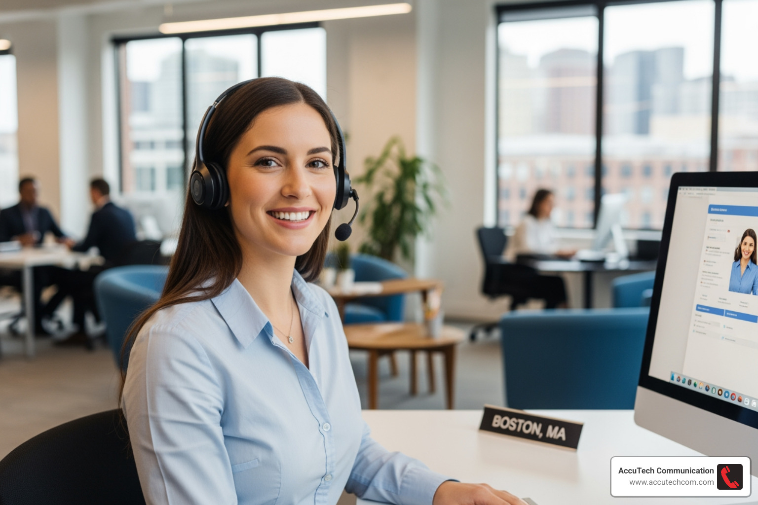 happy customer service agent wearing a headset in a Massachusetts office - business phones system ma happy customer service agent wearing a headset in a Massachusetts office - business phones system ma