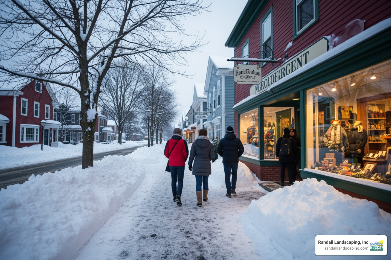 happy customers safely entering a cleared storefront in a snowy New England town - express snow removal
