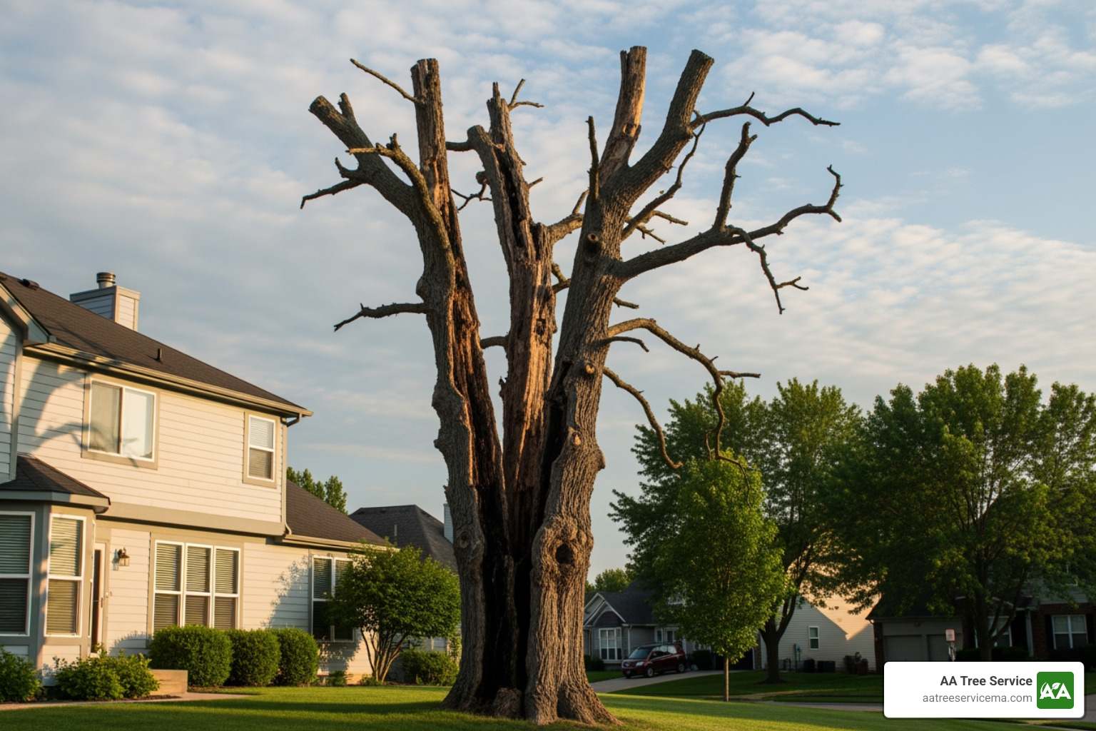 A large tree with visible decay and dead branches near a home - Tree Removal Winchester MA A large tree with visible decay and dead branches near a home - Tree Removal Winchester MA