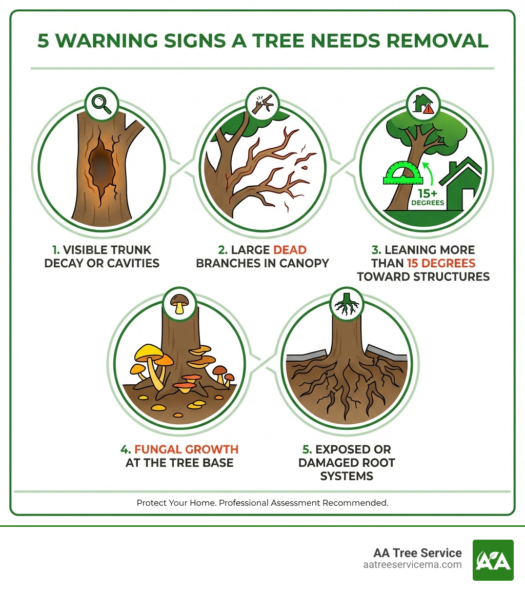Infographic showing 5 warning signs a tree needs removal: visible trunk decay or cavities, large dead branches in the canopy, tree leaning more than 15 degrees toward structures, fungal growth at the tree base, and exposed or damaged root systems - Tree Removal Winchester MA infographic Infographic showing 5 warning signs a tree needs removal: visible trunk decay or cavities, large dead branches in the canopy, tree leaning more than 15 degrees toward structures, fungal growth at the tree base, and exposed or damaged root systems - Tree Removal Winchester MA infographic