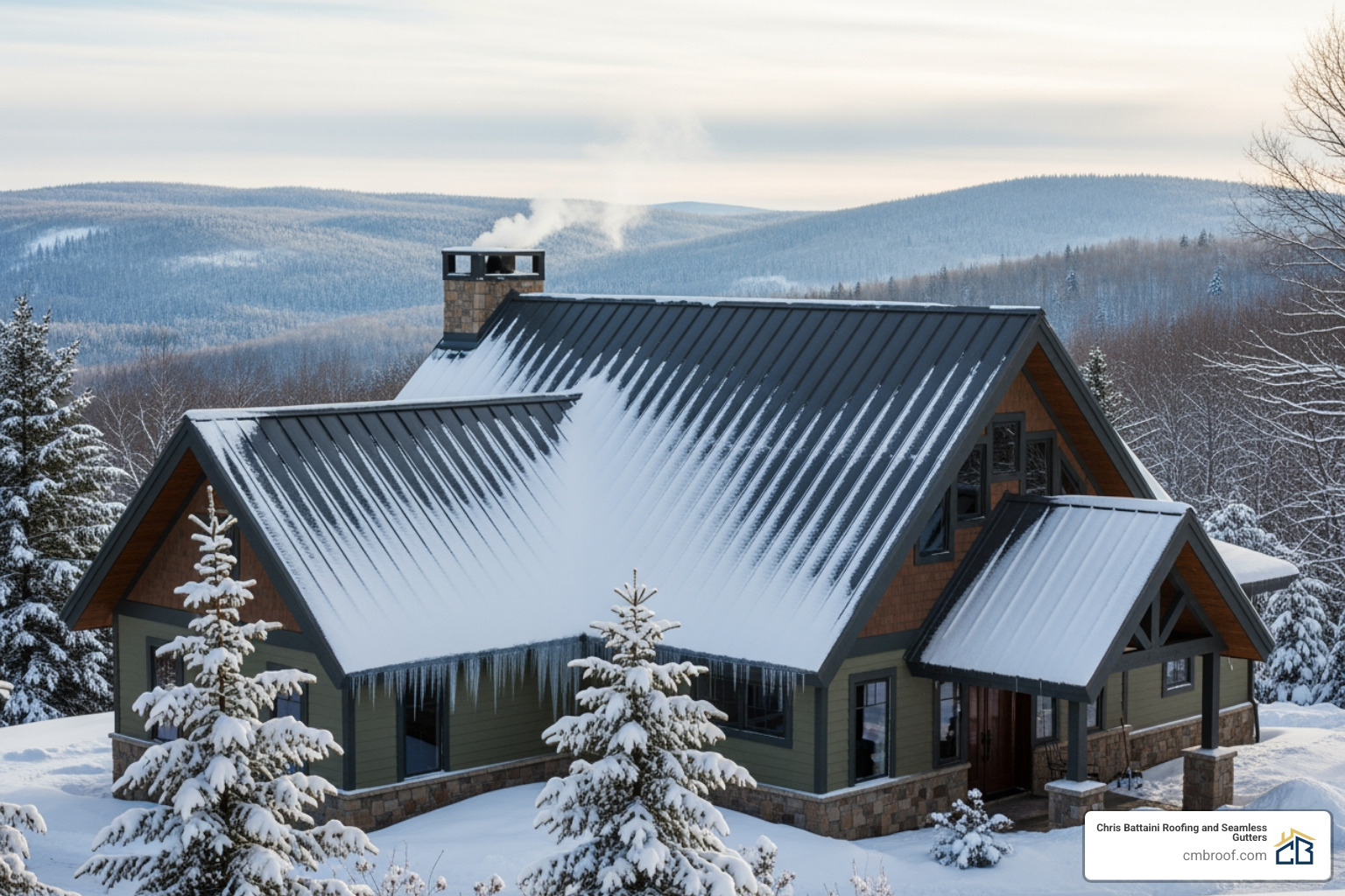 standing seam metal roof in a snowy setting - standing seam metal roof contractors