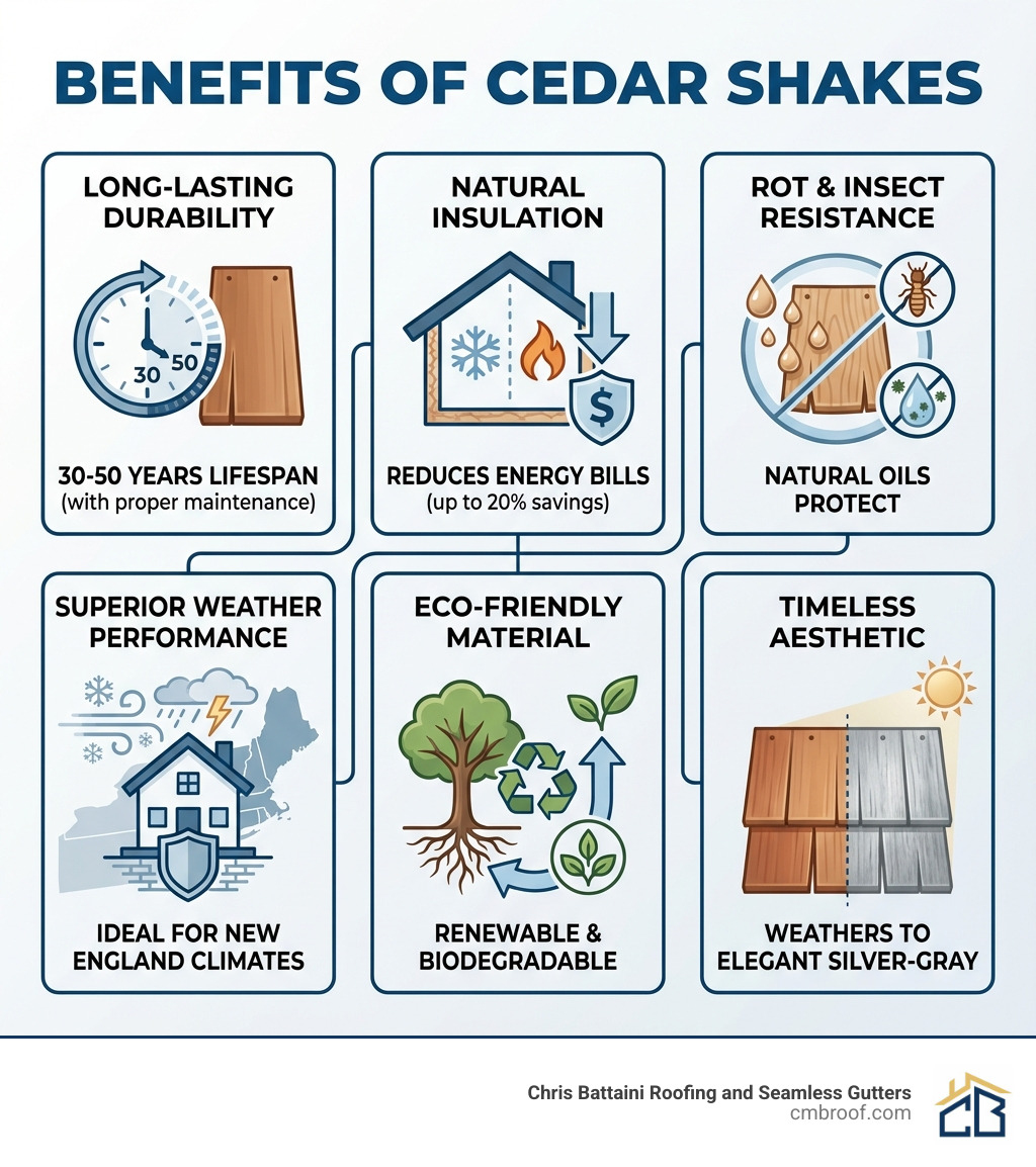 infographic showing key benefits of cedar shakes including durability lifespan of 30-50 years, natural insulation reducing energy bills, rot and insect resistance from natural oils, superior weather performance in New England climates, renewable and biodegradable material, and timeless aesthetic appeal that weathers to silver-gray - benefits of cedar shakes infographic 