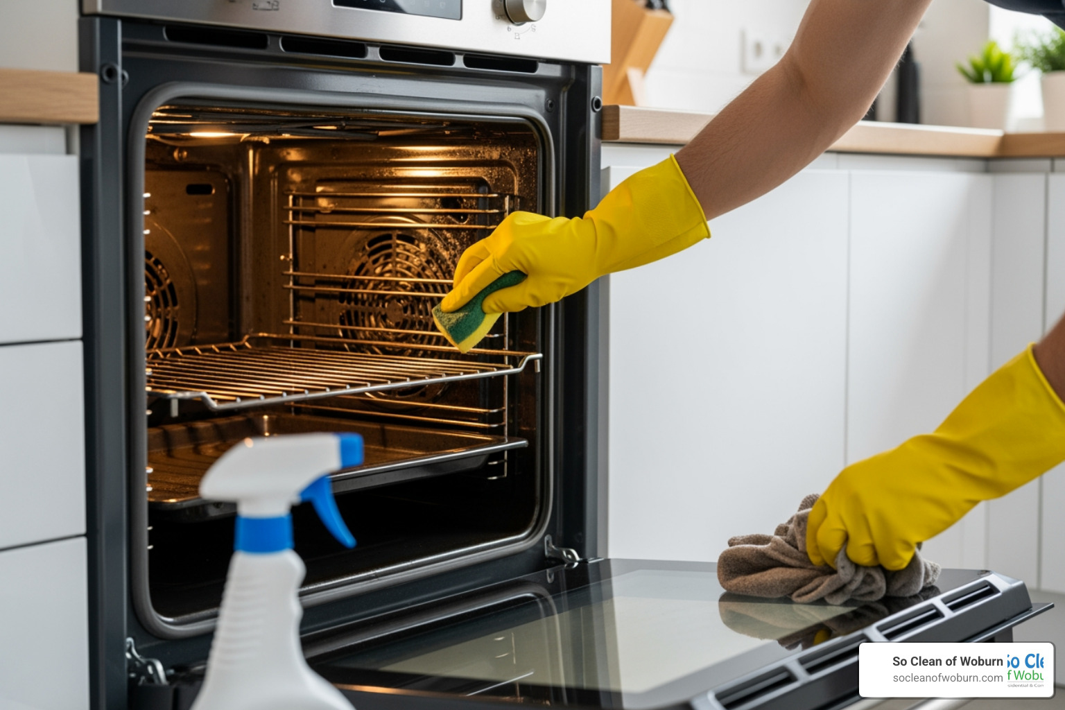 a person in gloves cleaning the inside of an oven - move out cleaning Boston MA