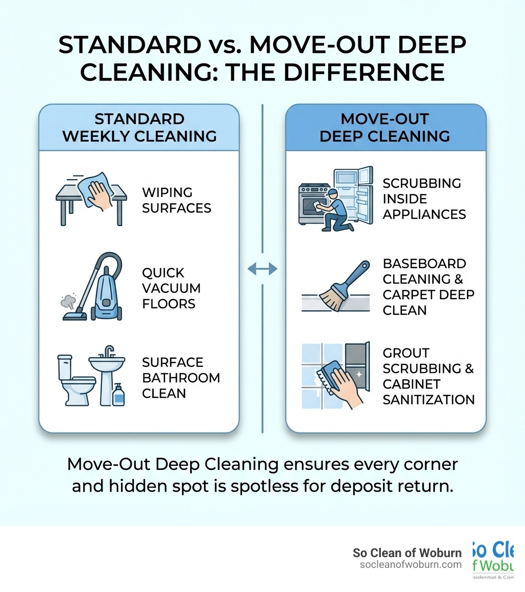 infographic showing side-by-side comparison of standard cleaning tasks versus move-out deep cleaning tasks, including items like wiping surfaces vs scrubbing inside appliances, quick vacuum vs baseboard cleaning and carpet deep clean, and surface bathroom clean vs grout scrubbing and cabinet sanitization - move out cleaning Boston MA infographic 