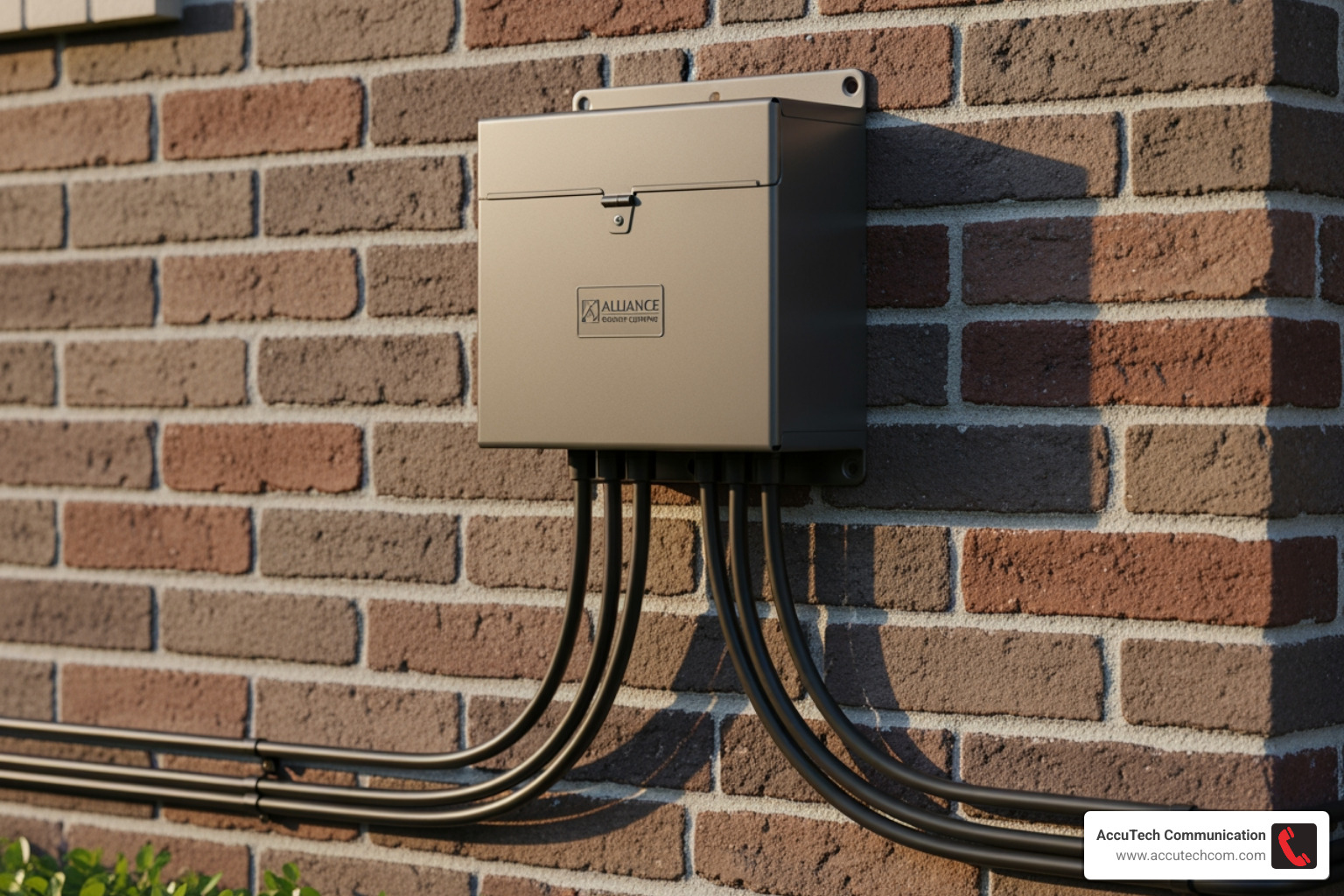 a transformer mounted on a brick wall with low-voltage cables entering from the bottom - how to install a transformer for low voltage lights