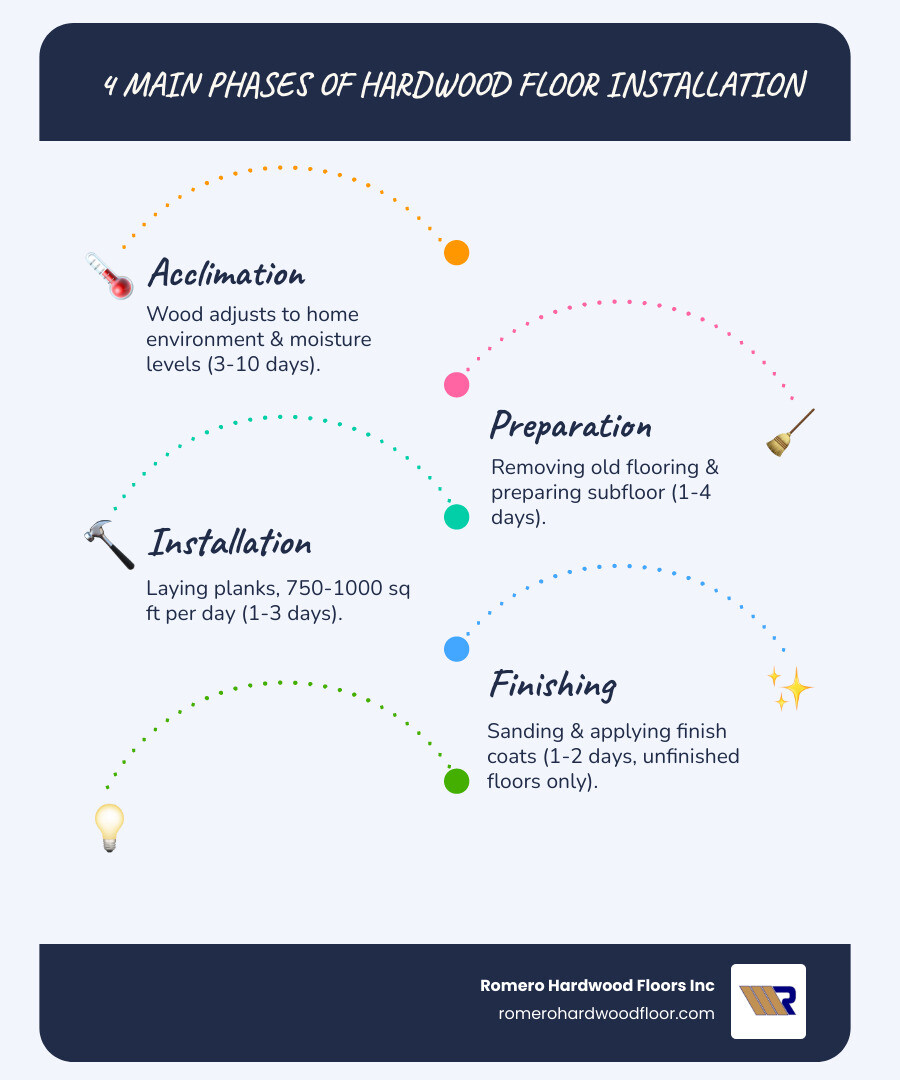 Infographic showing the 4 main phases of hardwood floor installation: Phase 1 - Acclimation (3-10 days, wood adjusts to home environment and moisture levels), Phase 2 - Preparation (1-4 days, removing old flooring and preparing subfloor), Phase 3 - Installation (1-3 days, laying planks at 750-1000 sq ft per day), Phase 4 - Finishing (1-2 days for unfinished floors only, sanding and applying finish coats) - how long does it take to install hardwood floors infographic infographic-line-5-steps-blues-accent_colors