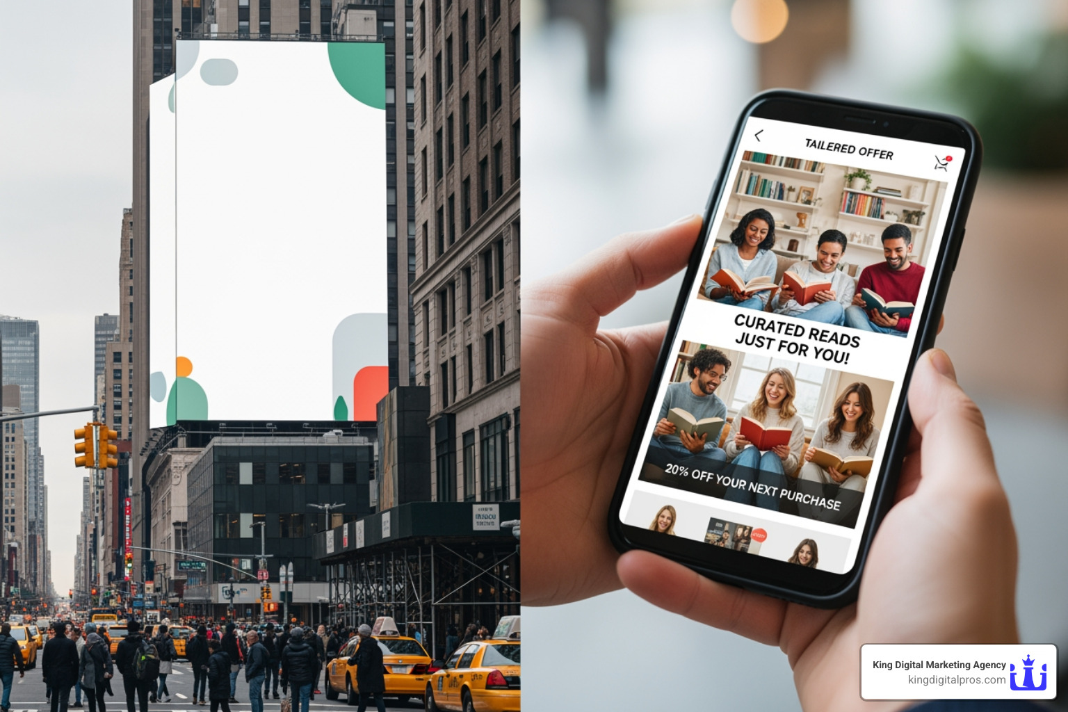 Image comparing a broad billboard ad to a precise mobile ad on a smartphone - Targeted mobile advertising