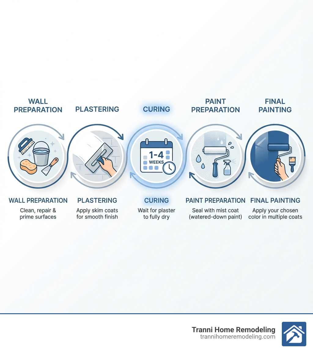 infographic showing 5 key stages: Wall Preparation with cleaning tools, Plastering with trowel application, Curing with calendar showing 1-4 weeks, Paint Preparation with mist coat application, and Final Painting with roller and finished wall - Plastering and Painting infographic 