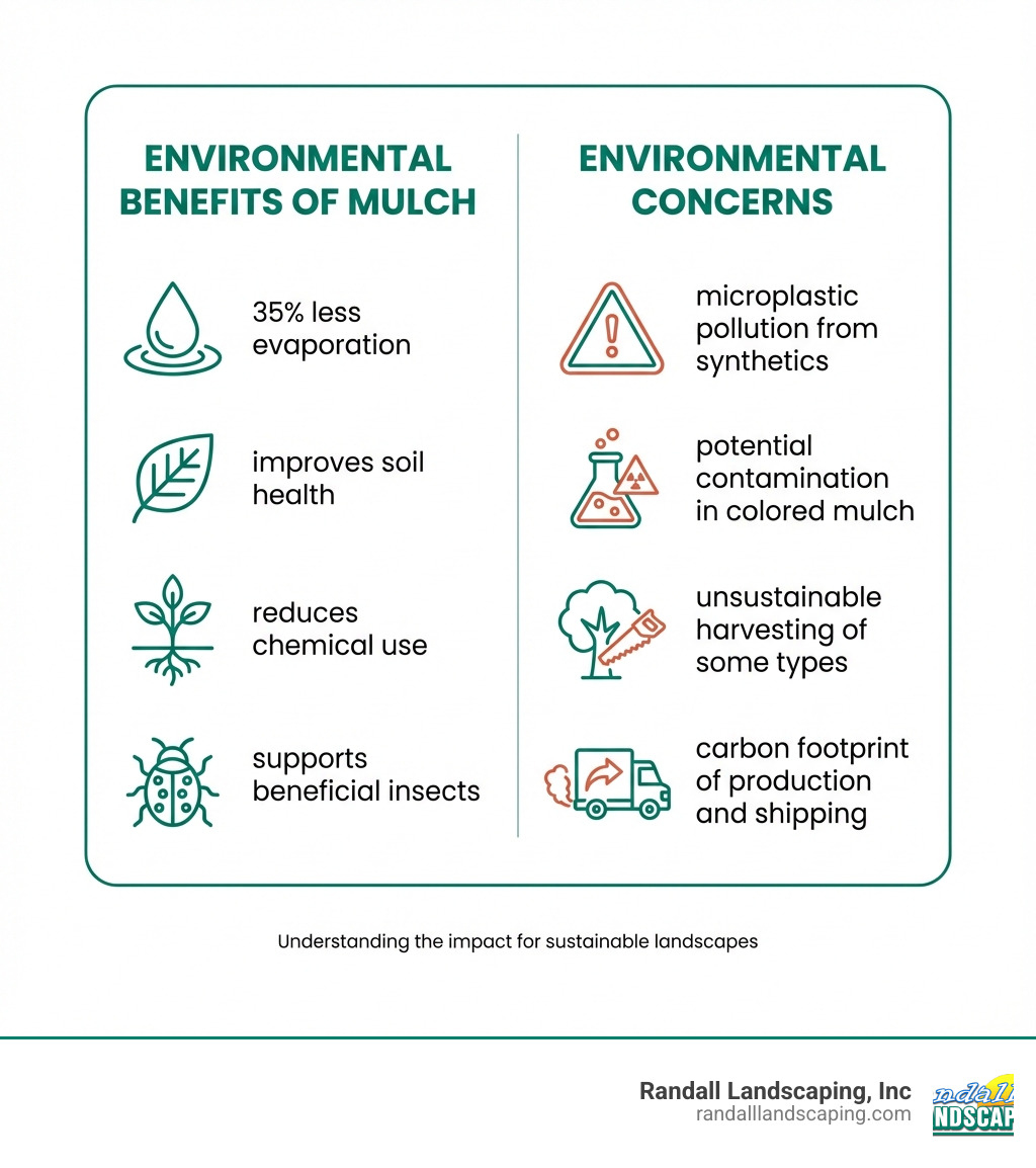 Infographic showing two columns: Environmental Benefits of Mulch (water droplet icon with "35% less evaporation", leaf icon with "improves soil health", plant icon with "reduces chemical use", bug icon with "supports beneficial insects") and Environmental Concerns (warning icon with "microplastic pollution from synthetics", chemical icon with "potential contamination in colored mulch", tree icon with "unsustainable harvesting of some types", transport icon with "carbon footprint of production and shipping") - mulch environmental impact infographic 