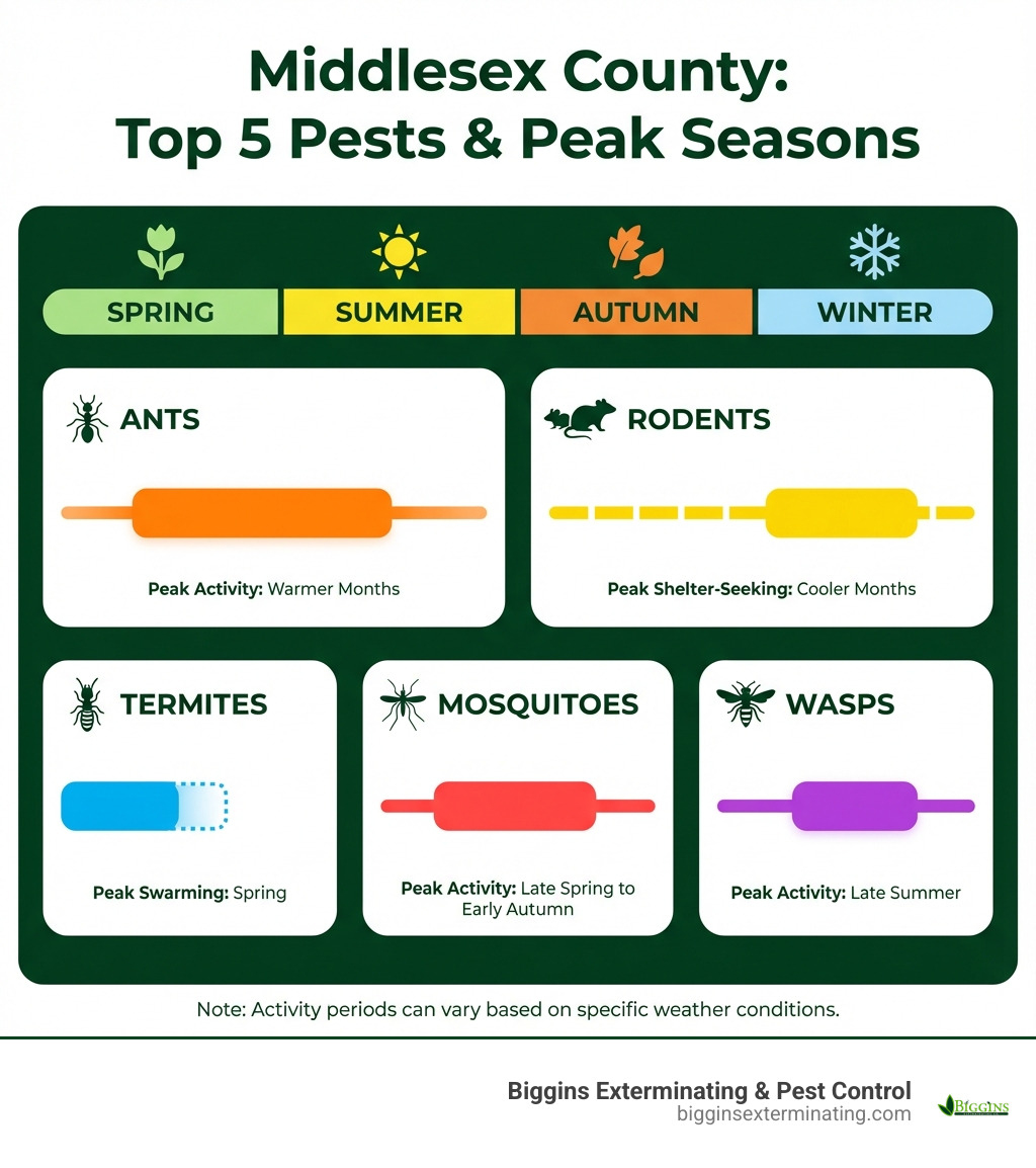 Infographic explaining the top 5 pests in Middlesex County (Ants, Rodents, Termites, Mosquitoes, Wasps) and their peak activity seasons. - Pest control Middlesex County infographic 