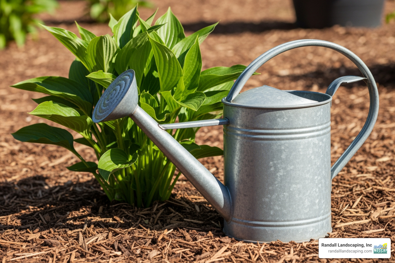 watering can next to mulched plant - mulch environmental impact