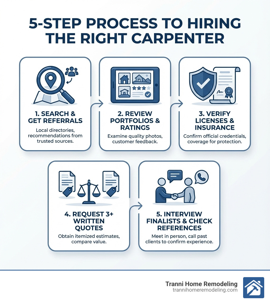 Infographic showing the 5-step process to hiring the right carpenter: Step 1 - Search local directories and get referrals, Step 2 - Review portfolios and online ratings, Step 3 - Verify licenses and insurance, Step 4 - Request and compare 3+ written quotes, Step 5 - Interview finalists and check references - carpenters near me infographic 