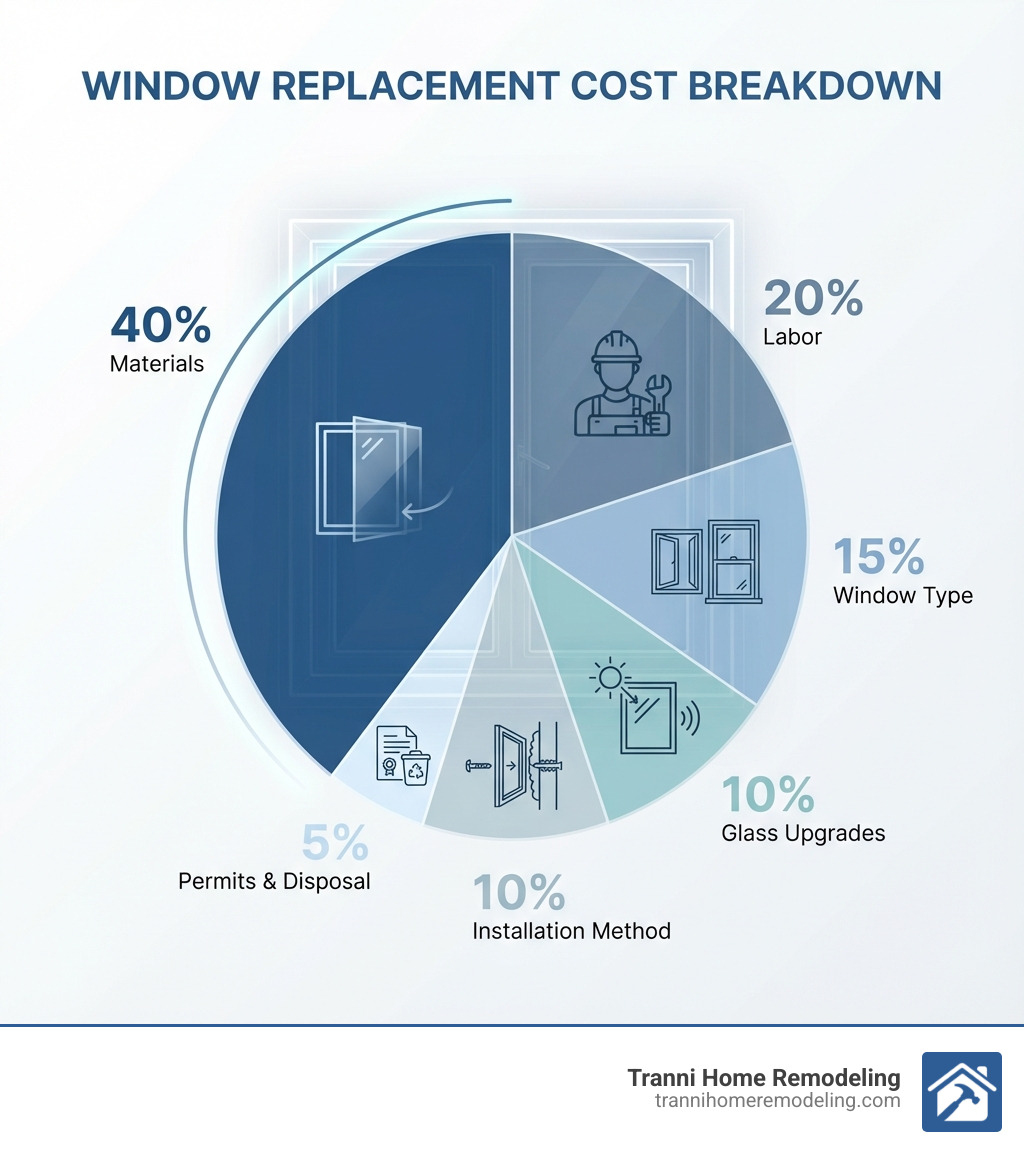 infographic showing window replacement cost breakdown with pie chart displaying 40% materials, 20% labor, 15% window type, 10% glass upgrades, 10% installation method, and 5% permits and disposal - Window replacement cost estimate infographic 