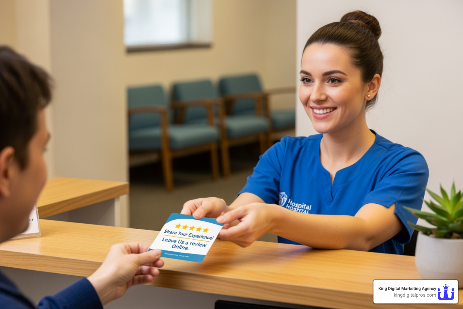 receptionist handing a review us card - online reputation for doctors