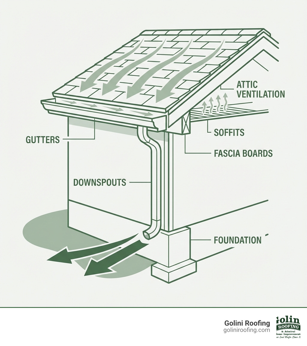 Infographic showing a cross-section of a home with labeled gutter system components: gutters collecting roof runoff, downspouts directing water away from foundation, fascia boards supporting the gutter system, and soffits providing attic ventilation, with arrows indicating proper water flow away from the home's structure - Gutter Installers infographic Infographic showing a cross-section of a home with labeled gutter system components: gutters collecting roof runoff, downspouts directing water away from foundation, fascia boards supporting the gutter system, and soffits providing attic ventilation, with arrows indicating proper water flow away from the home's structure - Gutter Installers infographic