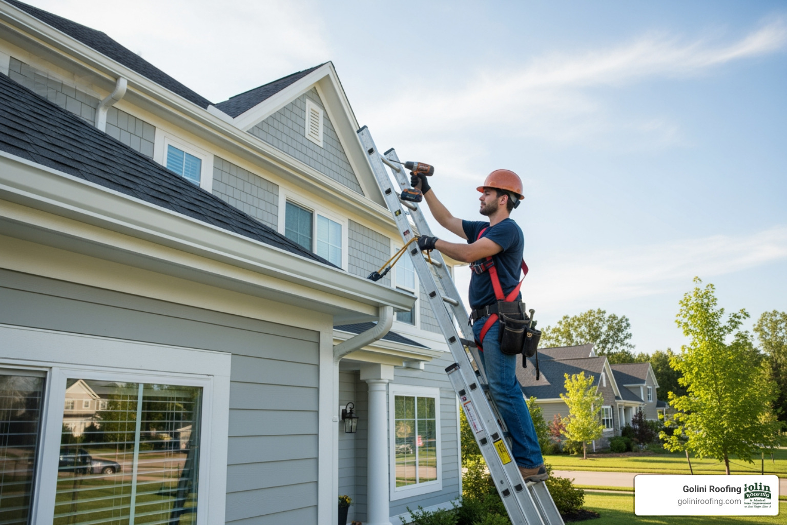 Professional installer on a ladder, safely securing a seamless gutter - Gutter Installers Professional installer on a ladder, safely securing a seamless gutter - Gutter Installers