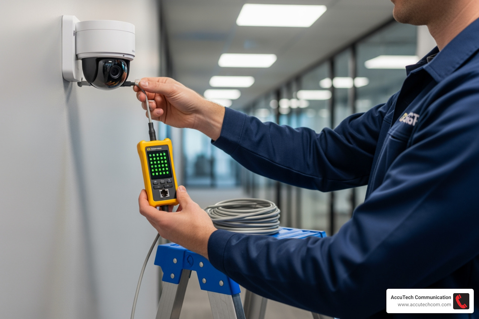 technician testing a wall-mounted security camera connection - network cable tester with poe finder