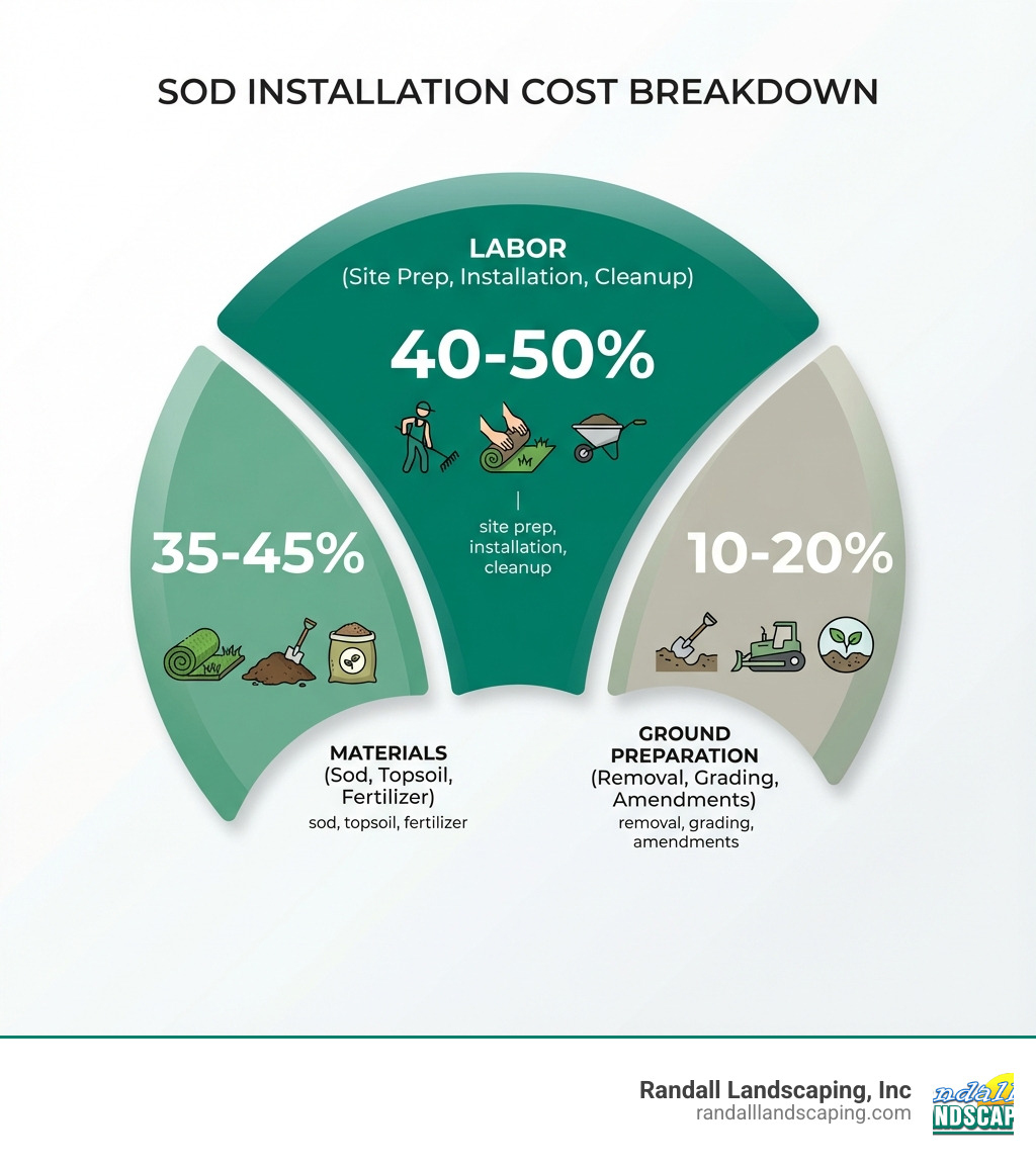Infographic showing the percentage breakdown of a typical sod installation project: 35-45% Materials (sod, topsoil, fertilizer), 40-50% Labor (site prep, installation, cleanup), and 10-20% Ground Preparation (removal, grading, amendments) - cost of laying sod infographic 
