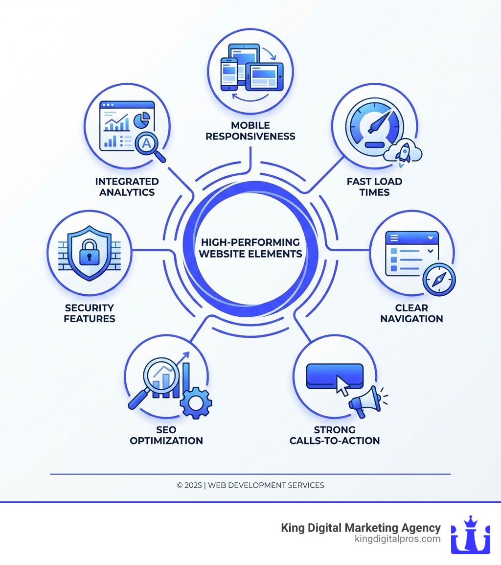 Infographic showing 7 key elements of a high-performing business website: mobile responsiveness, fast load times, clear navigation, strong calls-to-action, SEO optimization, security features, and integrated analytics - albuquerque website development services infographic Infographic showing 7 key elements of a high-performing business website: mobile responsiveness, fast load times, clear navigation, strong calls-to-action, SEO optimization, security features, and integrated analytics - albuquerque website development services infographic