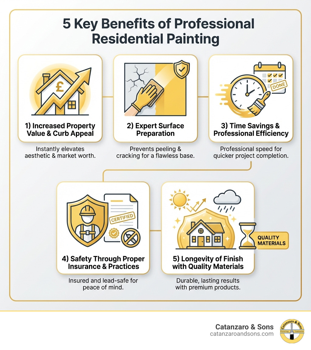 Infographic showing 5 key benefits of professional residential painting: 1) Increased property value and curb appeal 2) Expert surface preparation preventing peeling and cracking 3) Time savings and professional efficiency 4) Safety through proper insurance and lead-safe practices 5) Longevity of finish with quality materials - residential painters bristol infographic Infographic showing 5 key benefits of professional residential painting: 1) Increased property value and curb appeal 2) Expert surface preparation preventing peeling and cracking 3) Time savings and professional efficiency 4) Safety through proper insurance and lead-safe practices 5) Longevity of finish with quality materials - residential painters bristol infographic