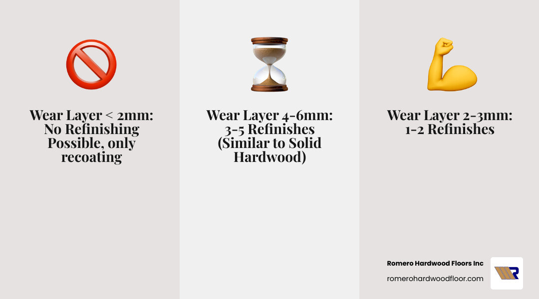 Infographic showing cross-section of engineered hardwood plank with labeled layers: top wear layer (veneer) measuring 0.5-6mm thickness, middle core layers of plywood or HDF for stability, and bottom backing layer, compared side-by-side with solid hardwood showing uniform thickness throughout, with annotations indicating refinishing potential based on wear layer thickness - engineered hardwood that can be refinished infographic 3_facts_emoji_grey