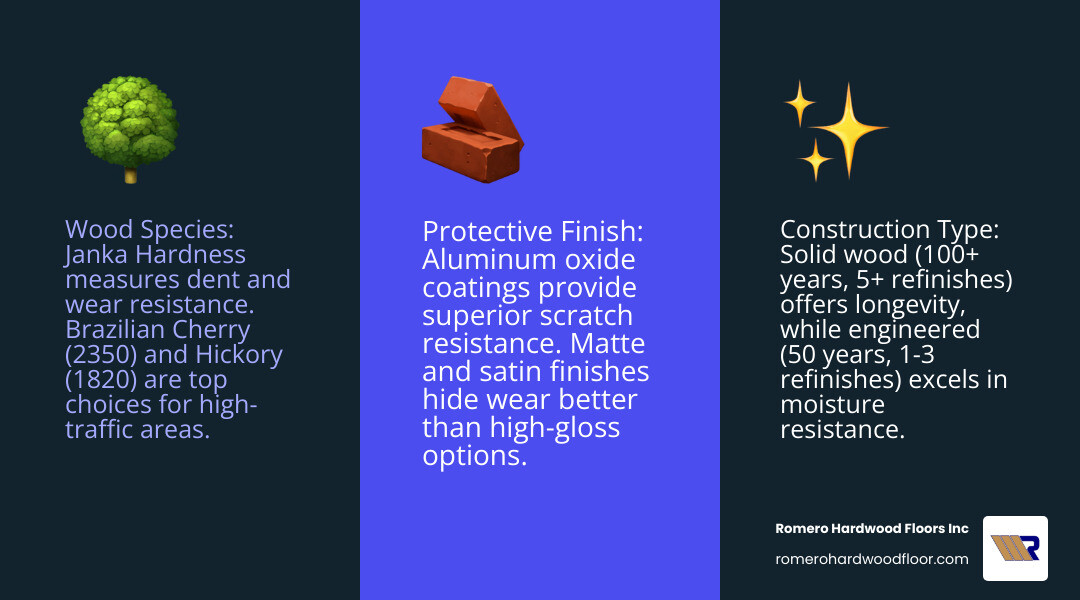 Infographic showing the three pillars of wood floor durability: Wood Species (with Janka hardness ratings for Hickory 1820, Maple 1450, White Oak 1360, Red Oak 1290, and Brazilian Cherry 2350), Construction Type (solid hardwood lasting 100+ years with 5+ refinishes vs engineered hardwood lasting 50 years with 1-3 refinishes), and Protective Finish (aluminum oxide coating providing scratch resistance, with matte and satin finishes showing fewer scratches than high-gloss) - Durable wood flooring infographic 3_facts_emoji_blue