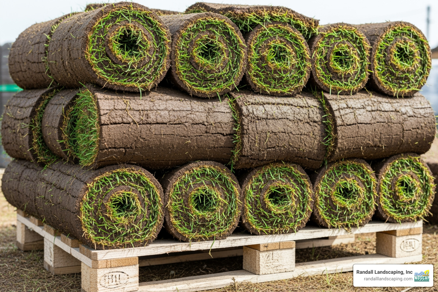 Sod rolls stacked on a pallet - cost of laying sod