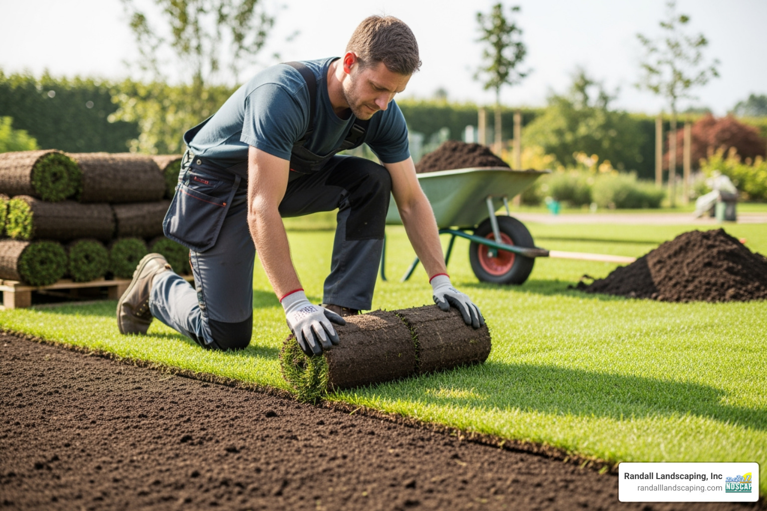 A professional landscaper carefully laying a roll of sod - cost of laying sod
