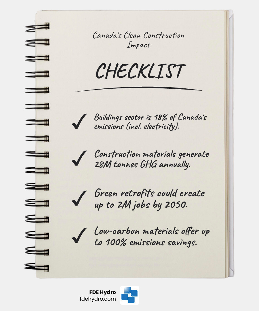Infographic showing Canada's clean energy construction statistics: 18% of emissions from buildings sector, 28 million tonnes of annual construction material emissions, 777,000 to 2 million green retrofit jobs by 2050, 110% increase in heat pumps 2000-2021, 32% concrete emissions savings possible, 100% structural steel emissions savings possible, and 98% insulation emissions savings possible - Clean energy construction infographic checklist-notebook