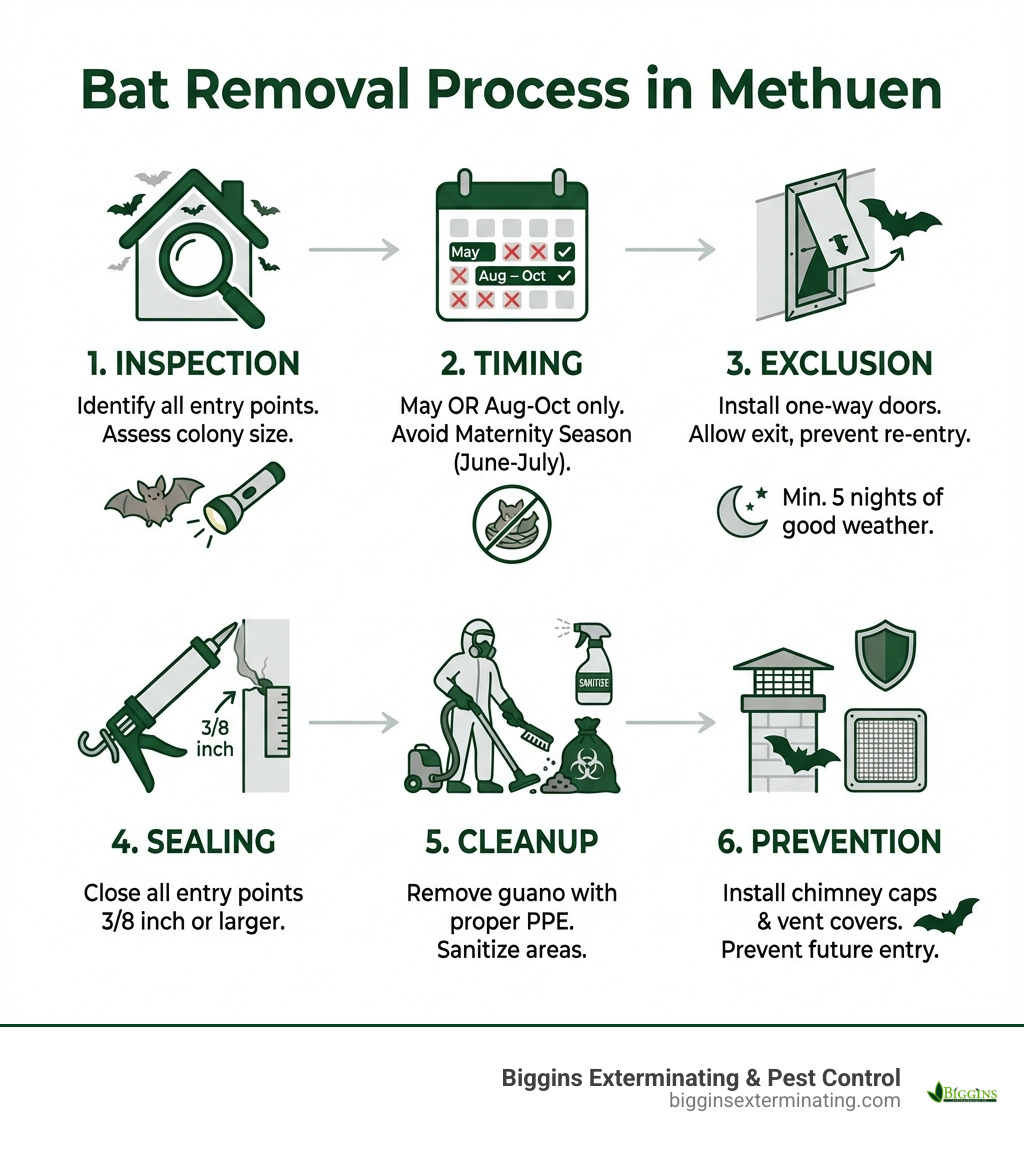 Infographic showing the bat removal process in Methuen: 1) Inspection - identify all entry points and assess colony size, 2) Timing - only perform exclusion May or August-October avoiding maternity season, 3) Exclusion - install one-way doors allowing bats to exit but not re-enter for minimum 5 nights of good weather, 4) Sealing - close all entry points 3/8 inch or larger after bats have left, 5) Cleanup - remove guano with proper PPE and sanitize contaminated areas, 6) Prevention - install chimney caps and vent covers to prevent future entry - Bat removal Methuen infographic 