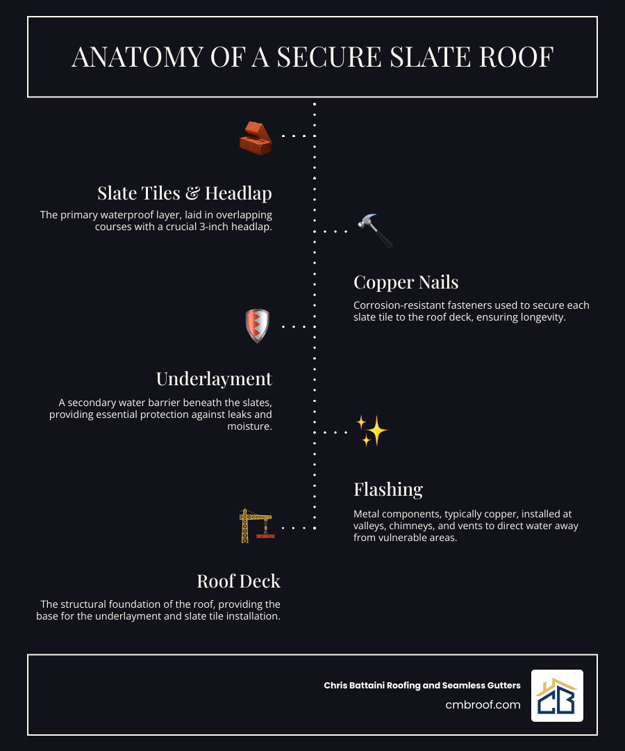 infographic showing slate roof anatomy with labeled components including slate tiles, copper nails, underlayment, overlapping courses with 3-inch headlap, roof deck, and flashing at valleys and chimneys - slipped slate repair infographic infographic-line-5-steps-dark