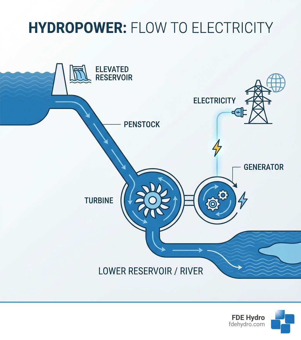 Infographic showing how hydropower works: water flows from elevated reservoir through penstock pipe to turbine, which spins generator to create electricity, then water exits to lower reservoir or river - hydro energy solutions infographic Infographic showing how hydropower works: water flows from elevated reservoir through penstock pipe to turbine, which spins generator to create electricity, then water exits to lower reservoir or river - hydro energy solutions infographic
