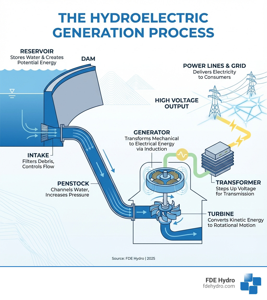 Infographic showing the complete hydroelectric generation process: reservoir stores water behind dam, intake structures filter debris, penstock pipes channel water downward to increase pressure, turbines convert kinetic energy to rotational motion, generators transform mechanical energy to electrical energy through electromagnetic induction, transformers step up voltage for transmission, and power lines deliver electricity to the grid - Hydro dam components infographic Infographic showing the complete hydroelectric generation process: reservoir stores water behind dam, intake structures filter debris, penstock pipes channel water downward to increase pressure, turbines convert kinetic energy to rotational motion, generators transform mechanical energy to electrical energy through electromagnetic induction, transformers step up voltage for transmission, and power lines deliver electricity to the grid - Hydro dam components infographic