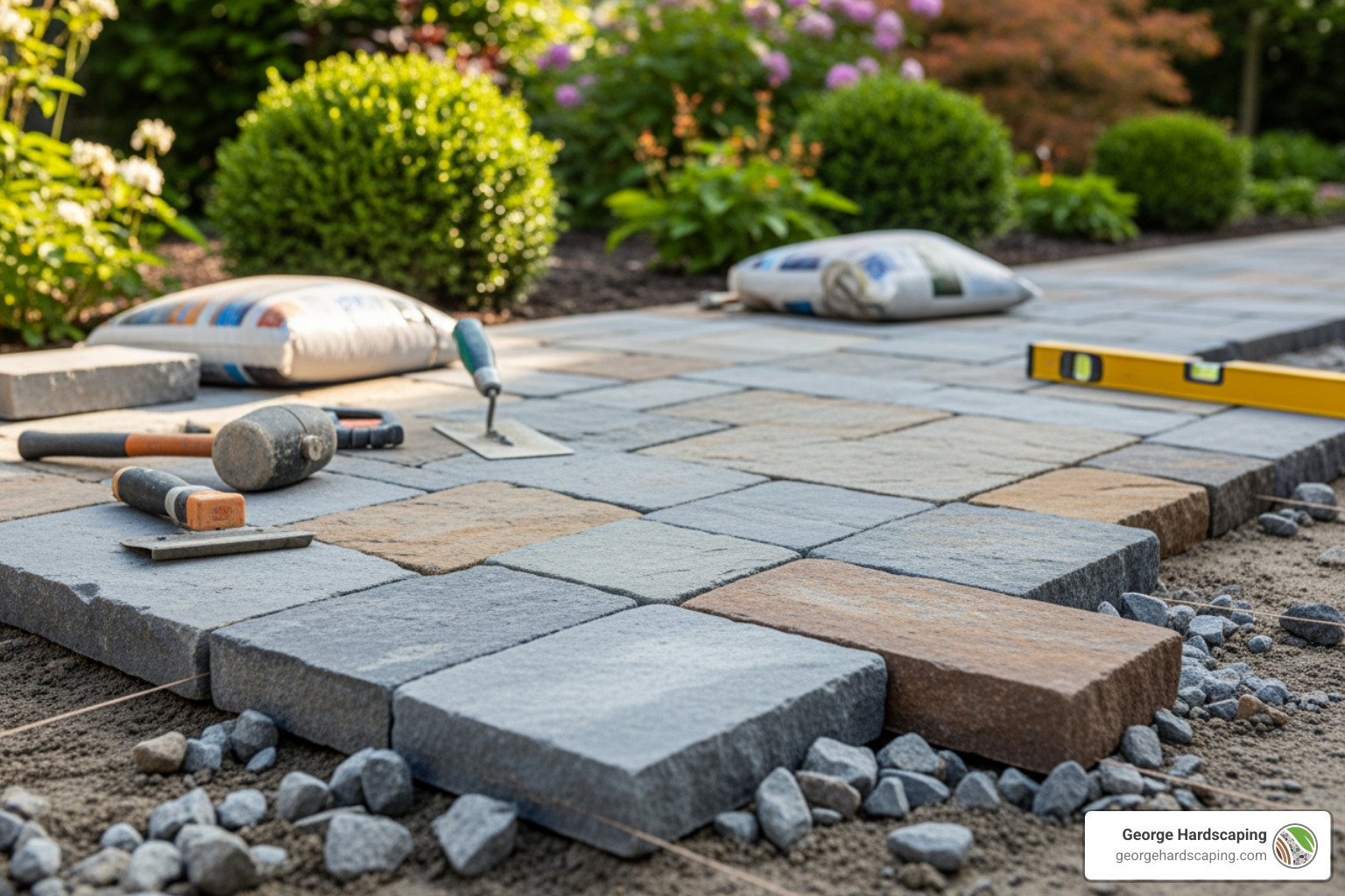 A person sweeping polymeric sand into the joints of a newly laid bluestone walkway, ensuring even distribution. - Bluestone walkway installation