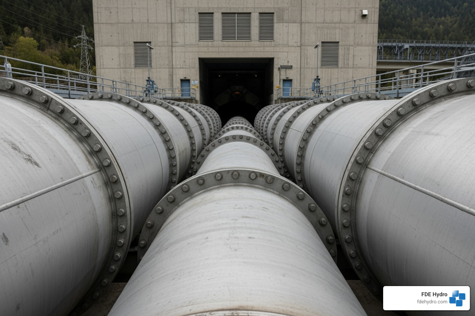 large penstock pipe leading to a powerhouse - Hydro dam components large penstock pipe leading to a powerhouse - Hydro dam components