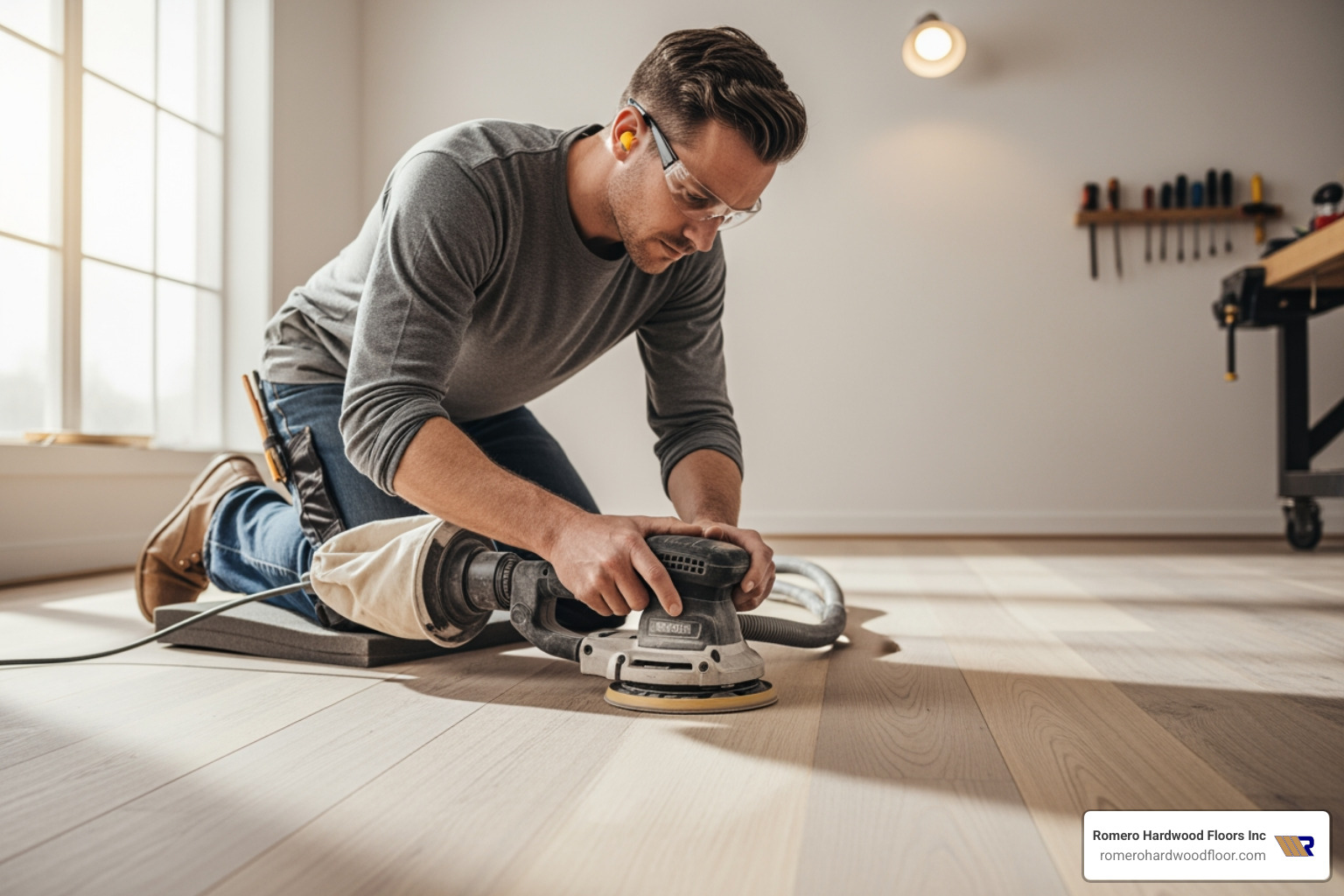 A professional using a lightweight orbital sander on an engineered hardwood floor, demonstrating careful and even sanding techniques - engineered hardwood that can be refinished