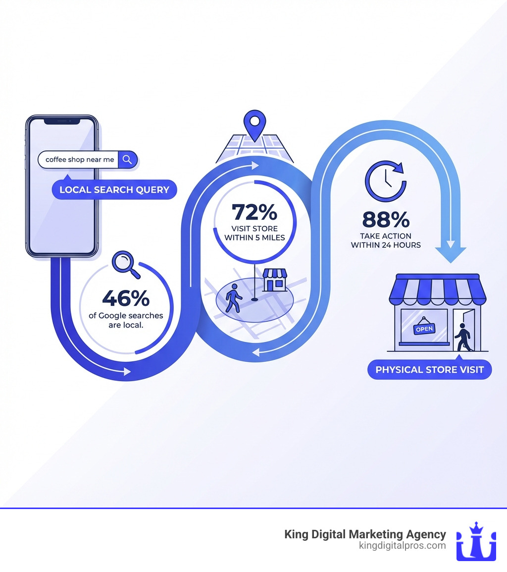 infographic showing the customer journey from local search query on phone to visiting physical store, with key statistics: 46% of Google searches are local, 72% visit store within 5 miles, 88% take action within 24 hours - boost local visibility infographic infographic showing the customer journey from local search query on phone to visiting physical store, with key statistics: 46% of Google searches are local, 72% visit store within 5 miles, 88% take action within 24 hours - boost local visibility infographic