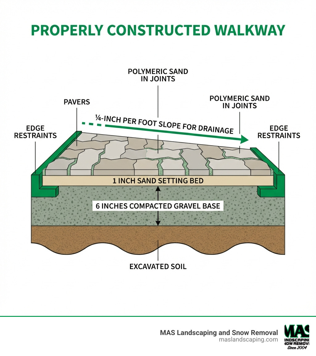 Infographic showing the anatomy of a properly constructed walkway with labeled layers: excavated soil at bottom, 6 inches of compacted gravel base, 1 inch sand setting bed, pavers on top, edge restraints on sides, and polymeric sand in joints. Includes note about ¼-inch per foot slope for drainage. - walkway builder infographic 
