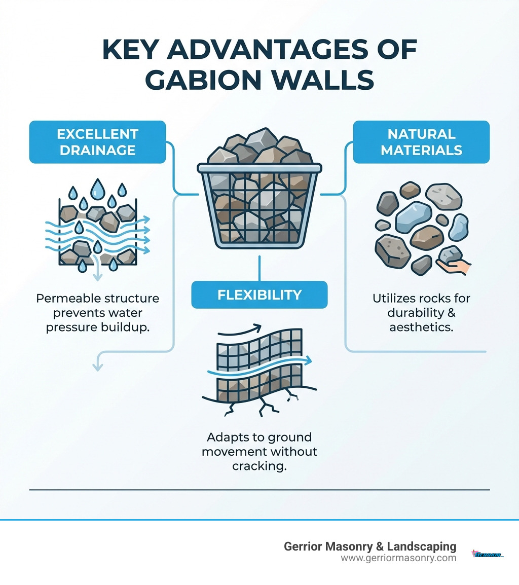 Infographic explaining the key advantages of gabion walls, such as excellent drainage, flexibility with ground movement, and use of natural materials. - installing a gabion retaining wall infographic 