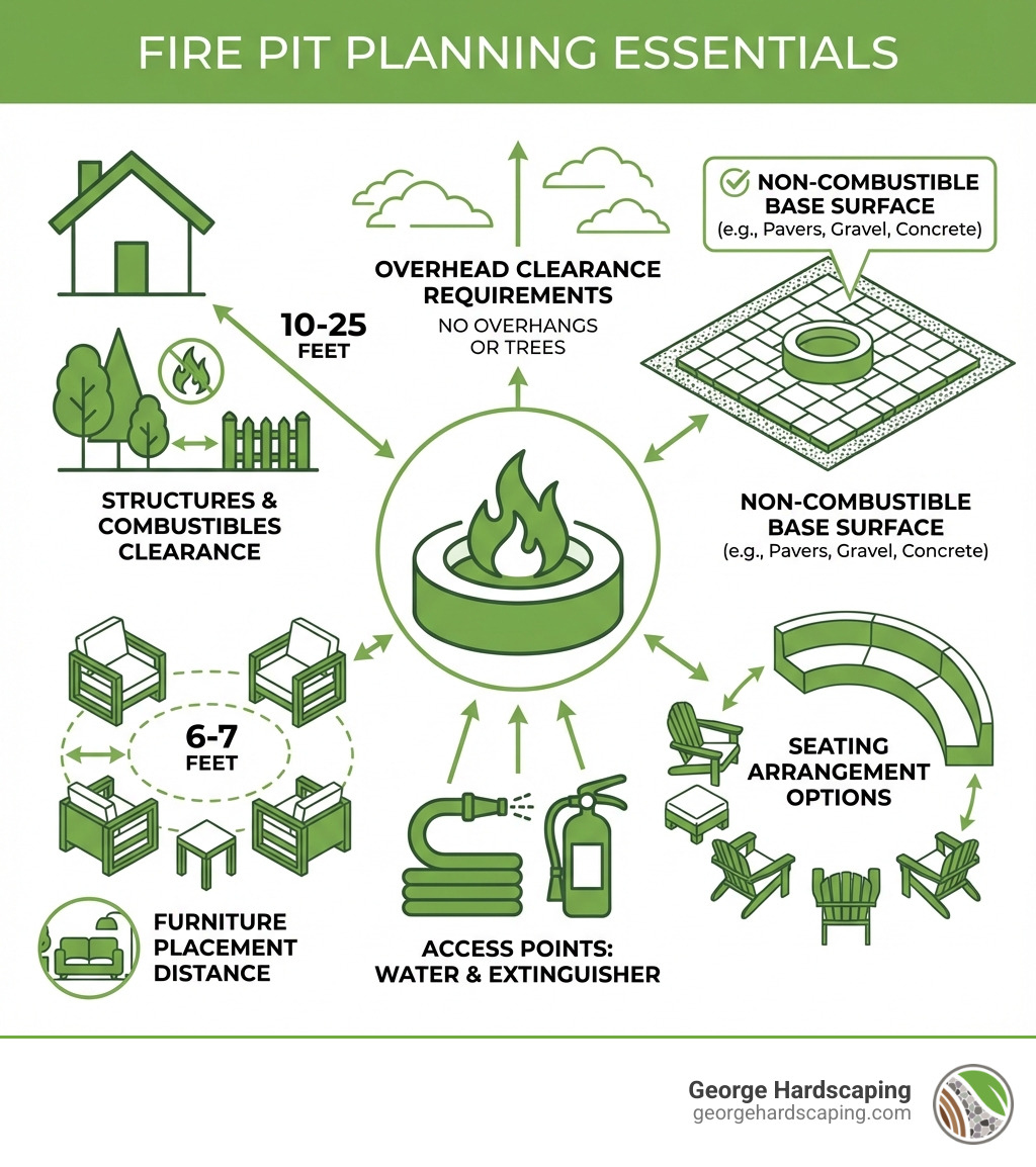 Infographic showing fire pit planning essentials: safety clearance zones of 10-25 feet from structures, 6-7 feet furniture placement distance, key elements including non-combustible base surface, seating arrangement options, overhead clearance requirements, and access points for water hose and fire extinguisher - fire pit design ideas infographic 