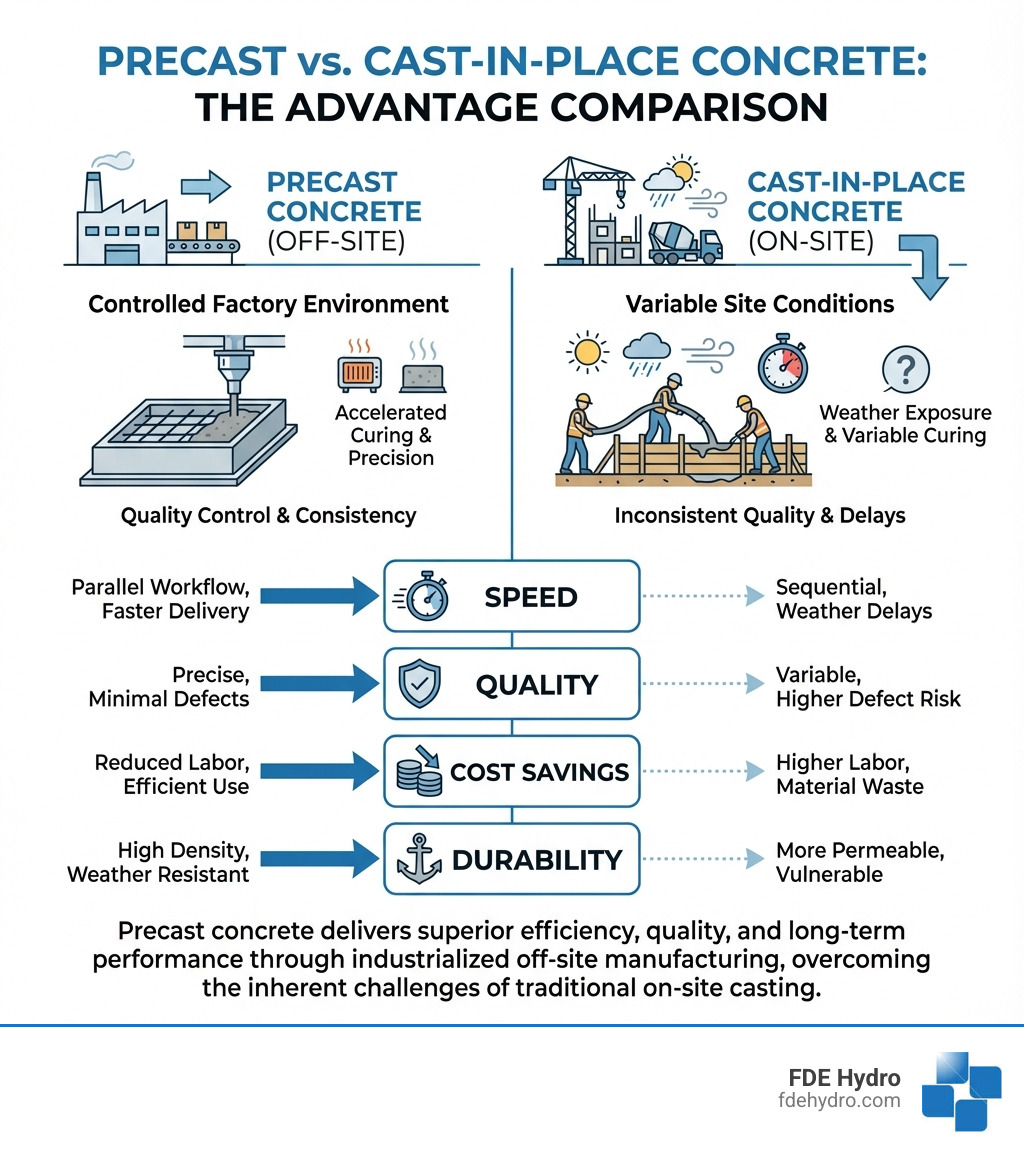 Infographic comparing precast concrete manufactured off-site in controlled factory environment with quality control and accelerated curing versus traditional cast-in-place concrete poured on-site with weather exposure and variable conditions, showing key advantages of speed, quality, cost savings, and durability - Precast concrete advantages infographic 
